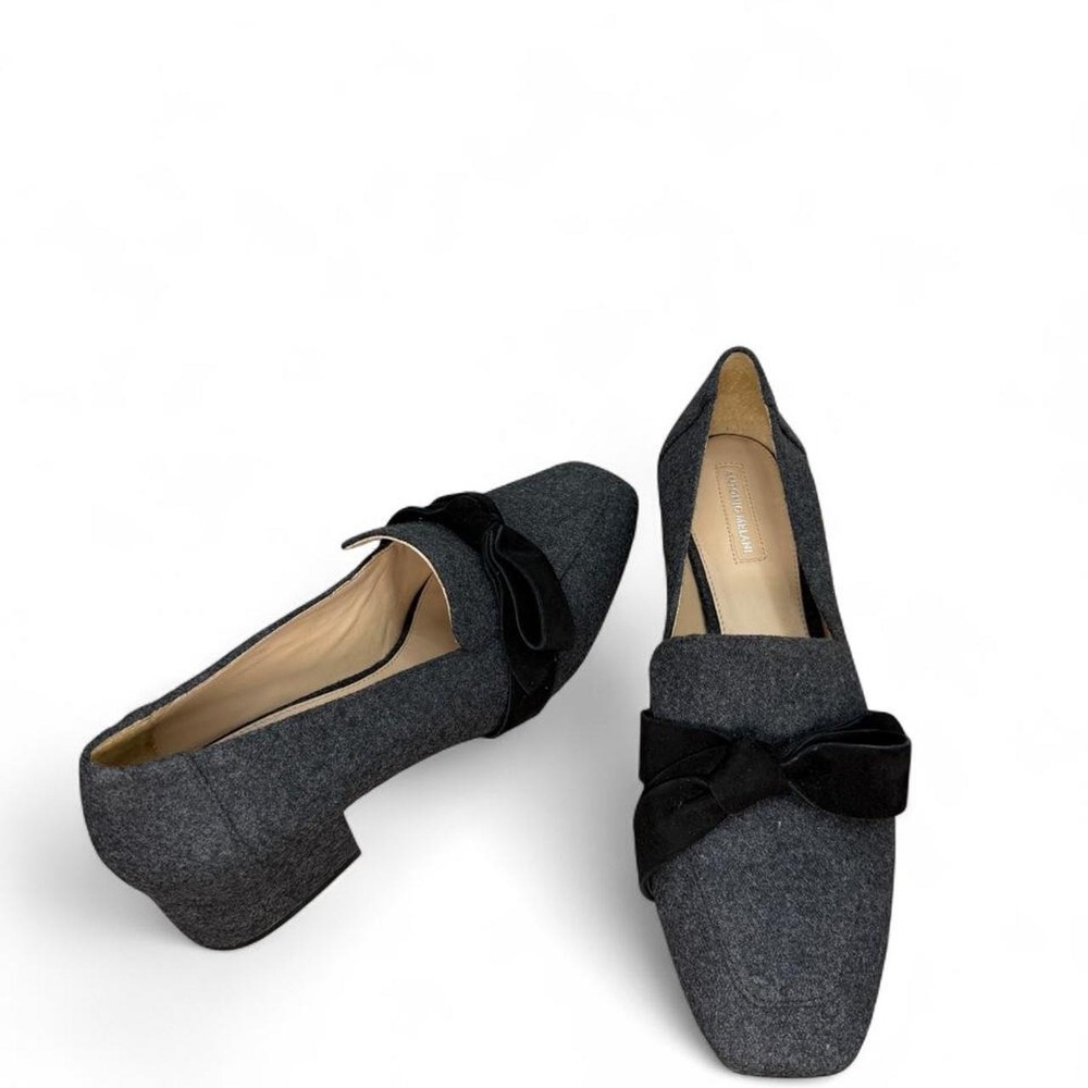 Antonio Melani Sameera Grey Wool Felt Black Velvet Bow Block Heel Loafer Pumps